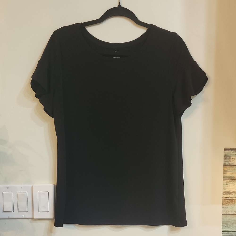 Worthington Black Short Sleeve Ruffle-Sleeve Tee